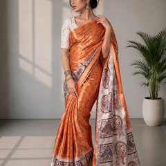 Rust Orange and Grey Paithani Print Satin Saree