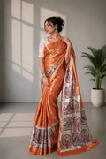 Rust Orange and Grey Paithani Print Satin Saree