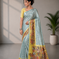 Powder Blue and Yellow Paithani Print Satin Saree
