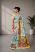 Powder Blue and Yellow Paithani Print Satin Saree