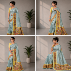 Powder Blue and Yellow Paithani Print Satin Saree