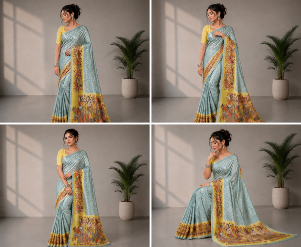 Powder Blue and Yellow Paithani Print Satin Saree