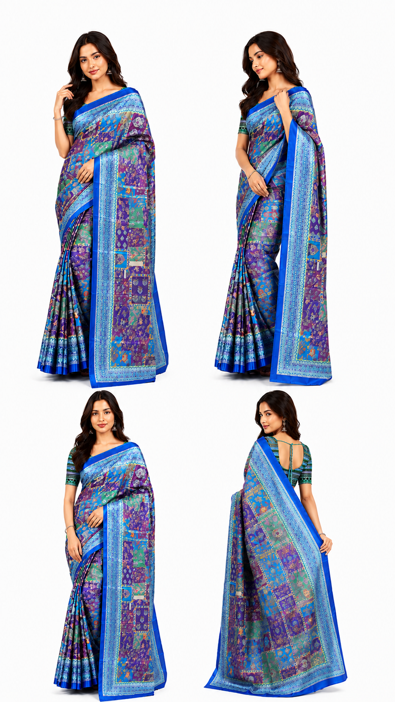 Royal Blue Multi-Mosaic Paithani Print Satin Saree