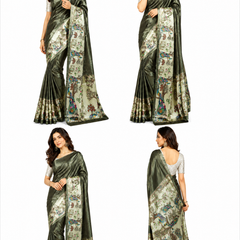 Olive Metallic and Pastel Green Paithani Print Satin Saree