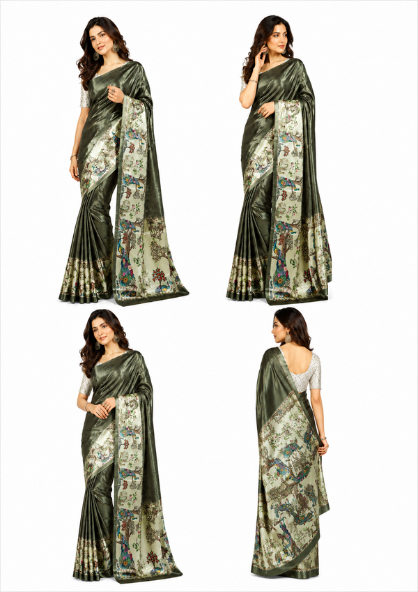 Olive Metallic and Pastel Green Paithani Print Satin Saree