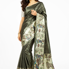Olive Metallic and Pastel Green Paithani Print Satin Saree