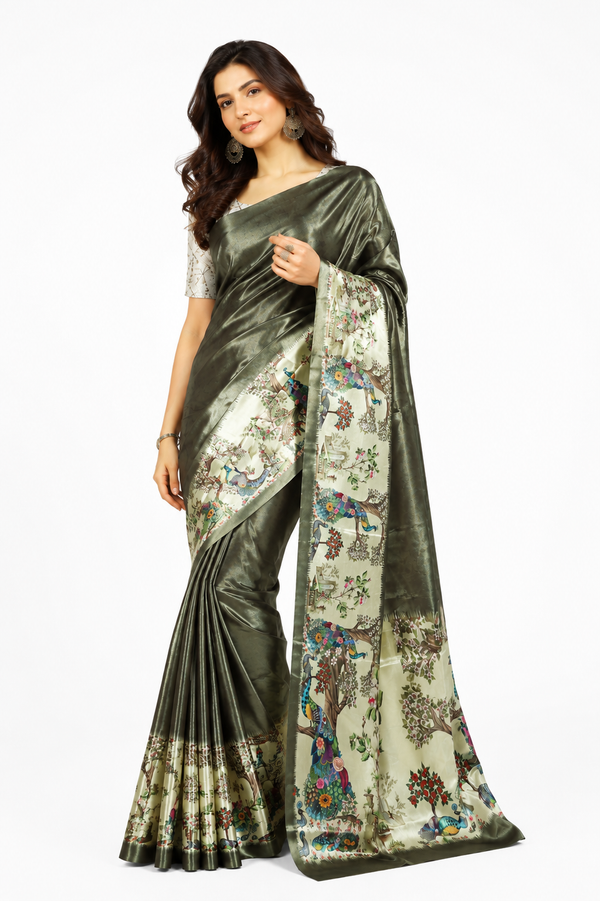 Olive Metallic and Pastel Green Paithani Print Satin Saree