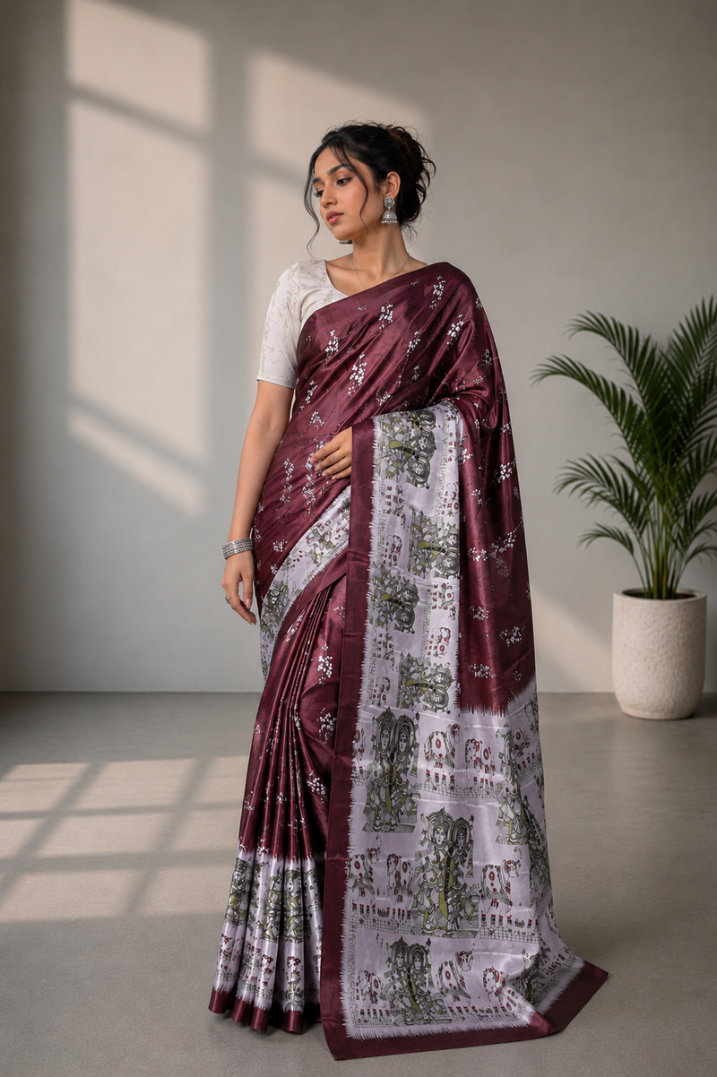 Wine Burgundy and Silver-Grey Paithani Print Satin Saree