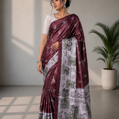 Wine Burgundy and Silver-Grey Paithani Print Satin Saree