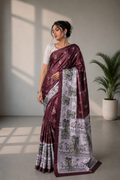 Wine Burgundy and Silver-Grey Paithani Print Satin Saree