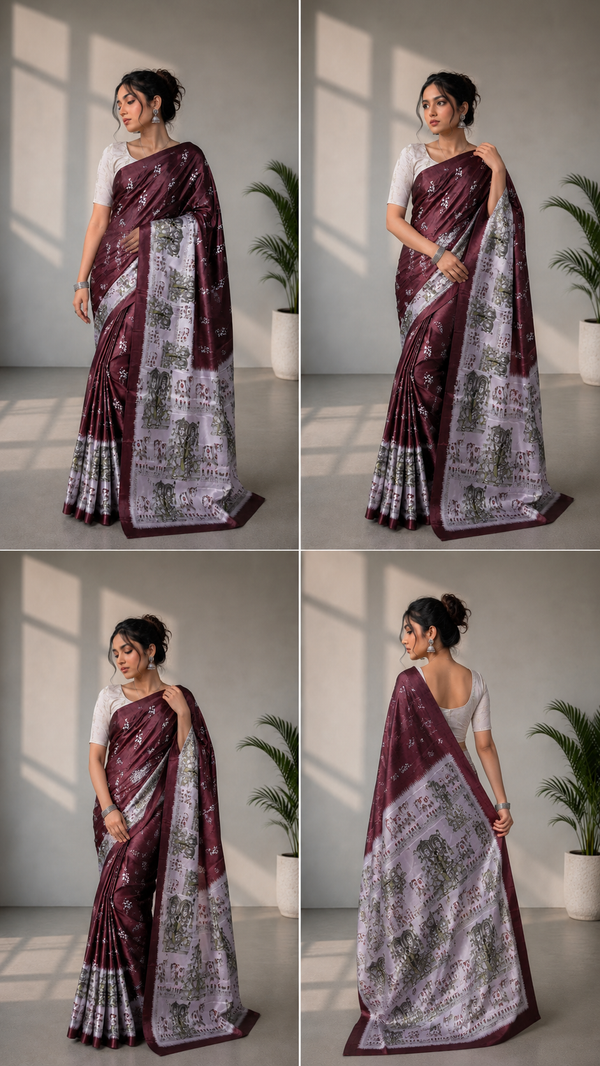 Wine Burgundy and Silver-Grey Paithani Print Satin Saree