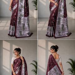 Wine Burgundy and Silver-Grey Paithani Print Satin Saree