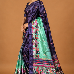 Midnight Purple Heritage Print Silk Saree