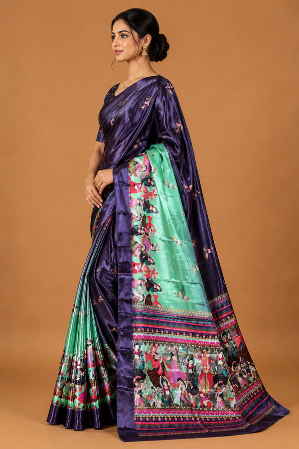 Midnight Purple Heritage Print Silk Saree