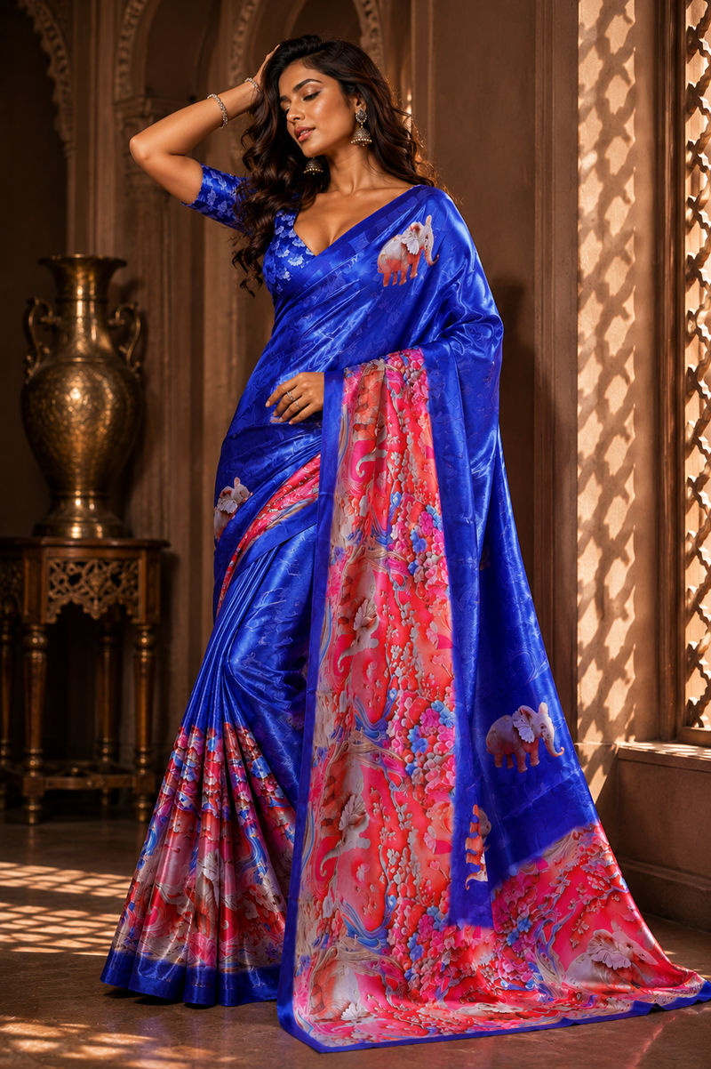 Royal Blue Elephant Print Satin Blend Party Wear Saree