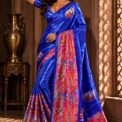 Royal Blue Elephant Print Satin Blend Party Wear Saree