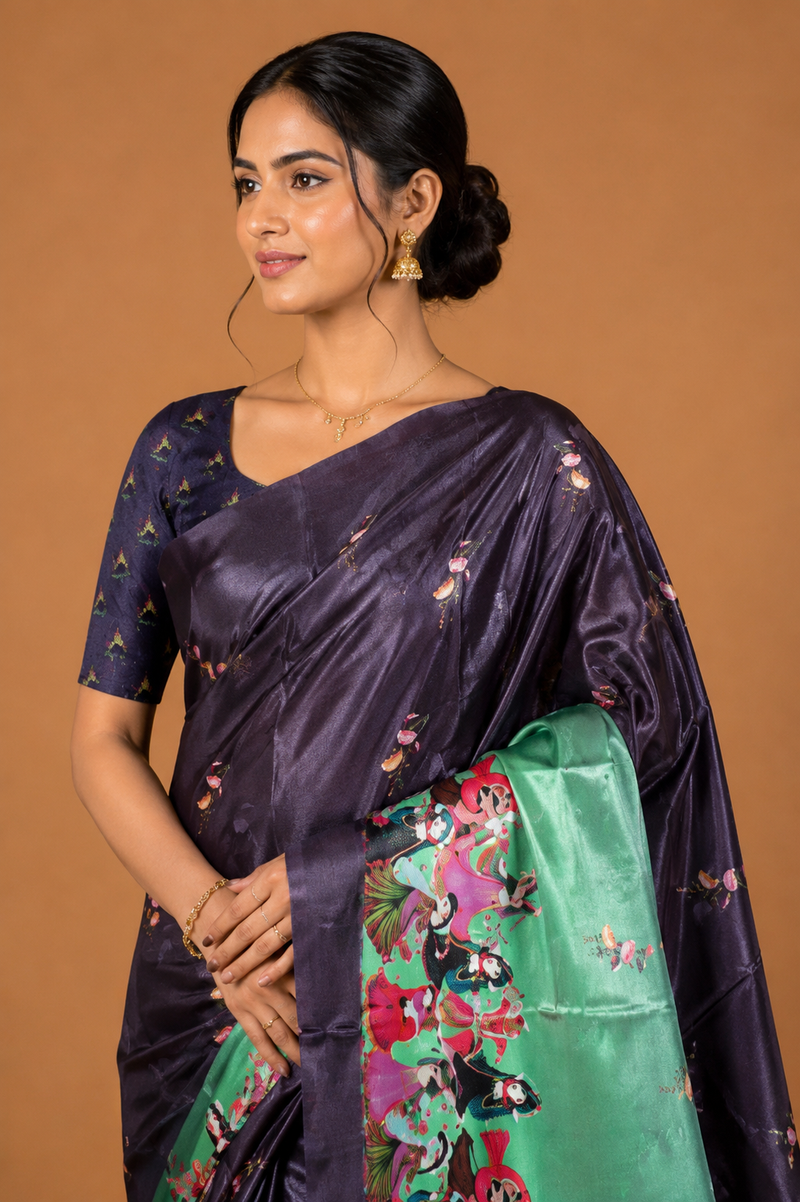 Midnight Purple Heritage Print Silk Saree