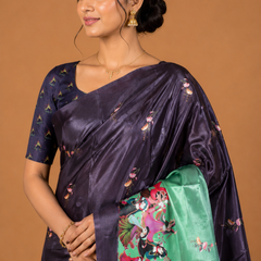 Midnight Purple Heritage Print Silk Saree