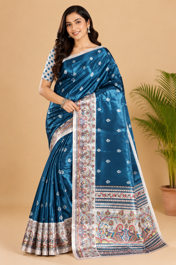 Blue Paithani Print Satin Saree
