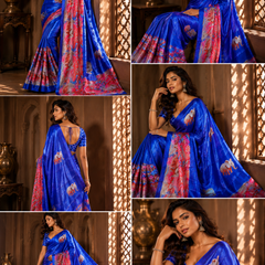Royal Blue Elephant Print Satin Blend Party Wear Saree