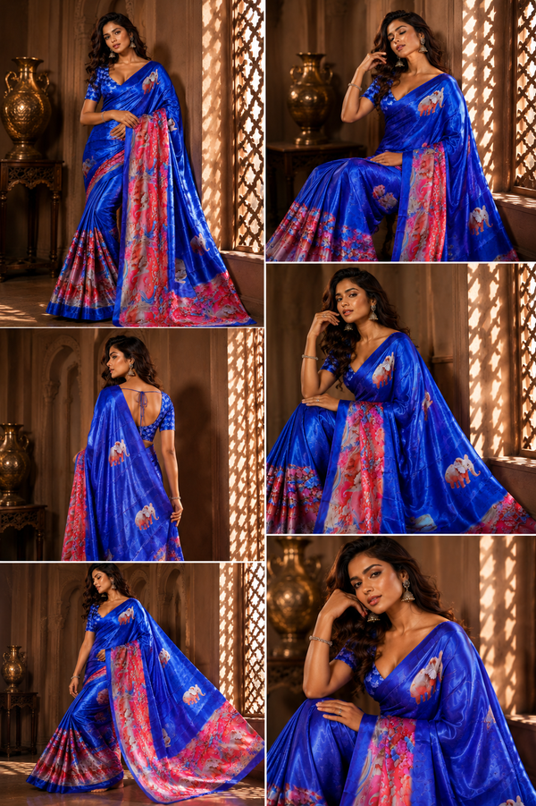 Royal Blue Elephant Print Satin Blend Party Wear Saree