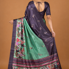 Midnight Purple Heritage Print Silk Saree