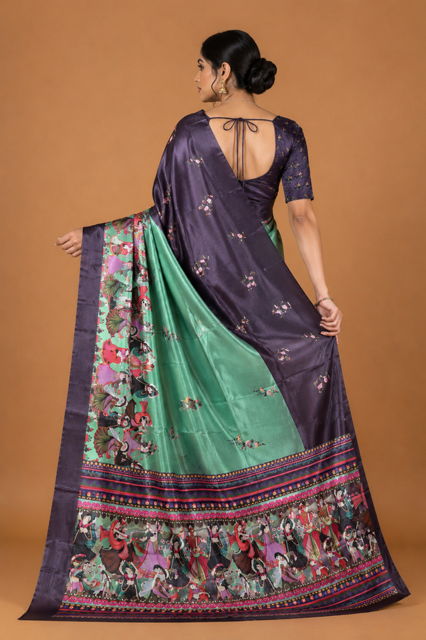 Midnight Purple Heritage Print Silk Saree