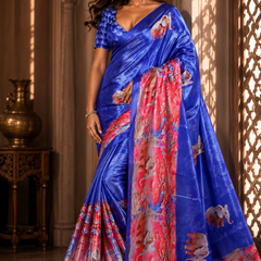 Royal Blue Elephant Print Satin Blend Party Wear Saree