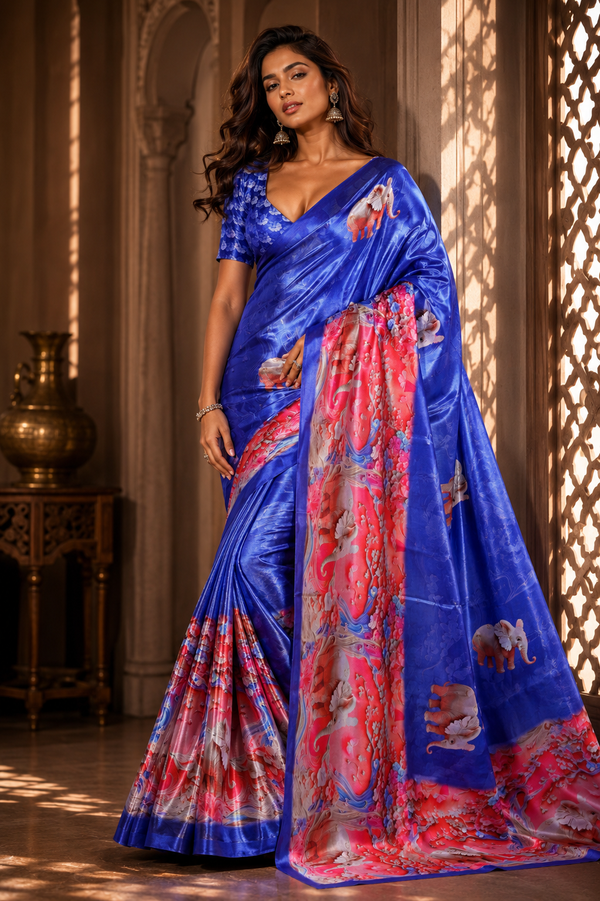 Royal Blue Elephant Print Satin Blend Party Wear Saree