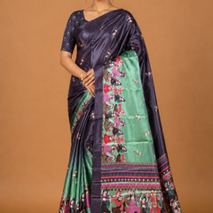 Midnight Purple Heritage Print Silk Saree