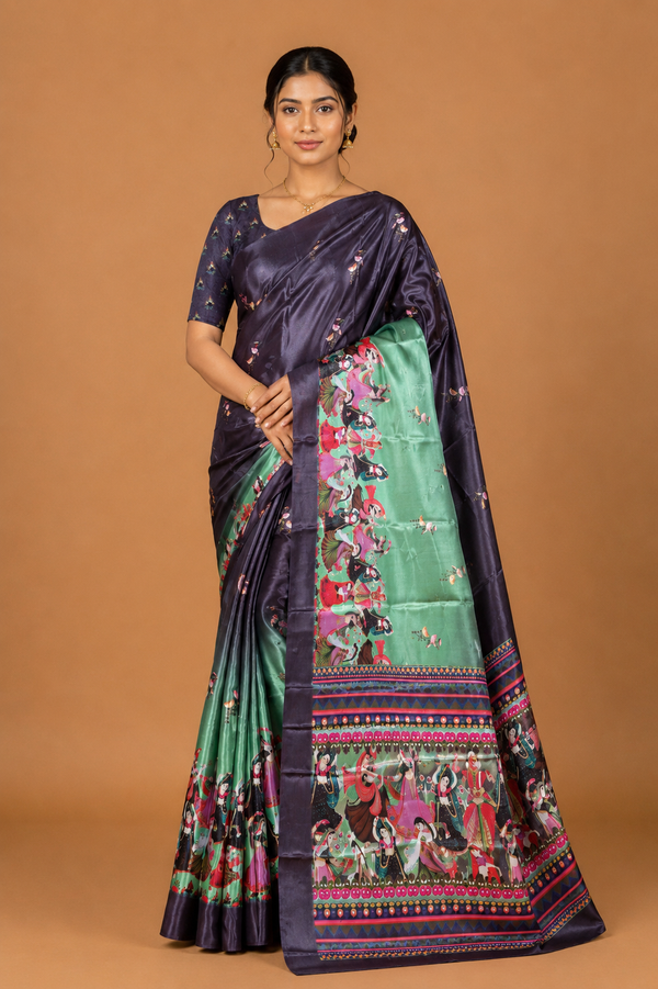 Midnight Purple Heritage Print Silk Saree
