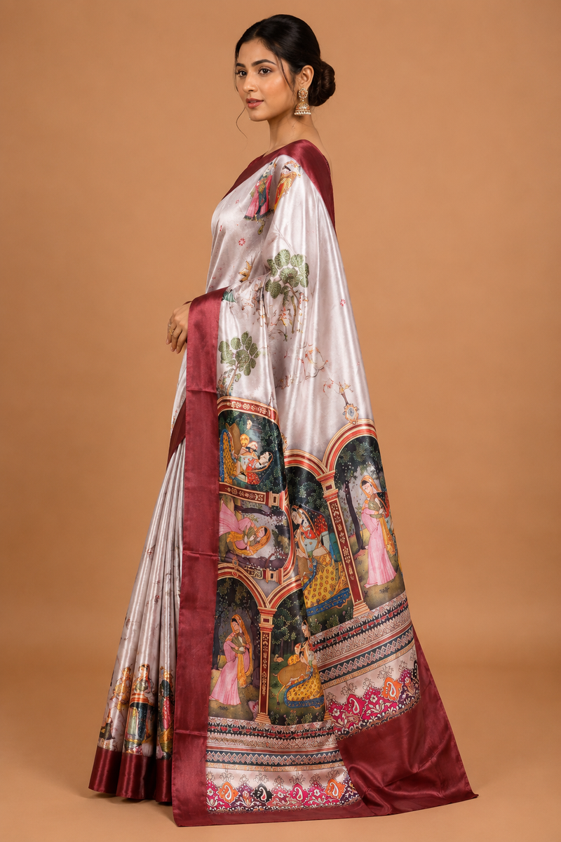 Ivory Maroon Palace Story Silk Saree