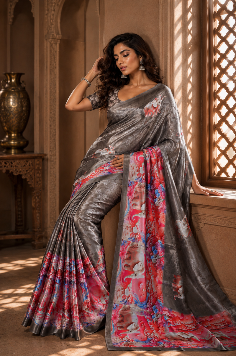 Grey Elephant Print Satin Blend Party Wear Saree