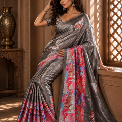 Grey Elephant Print Satin Blend Party Wear Saree