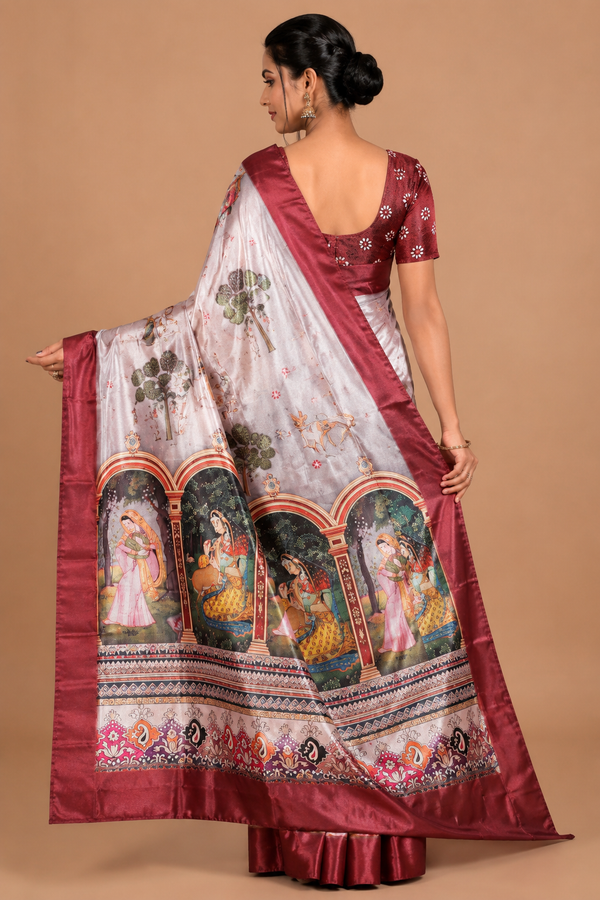 Ivory Maroon Palace Story Silk Saree