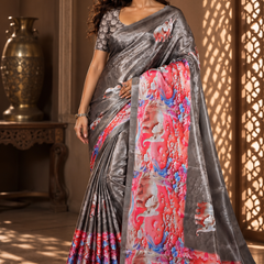 Grey Elephant Print Satin Blend Party Wear Saree