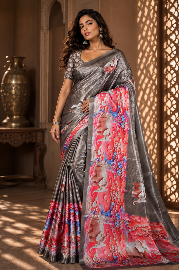 Grey Elephant Print Satin Blend Party Wear Saree