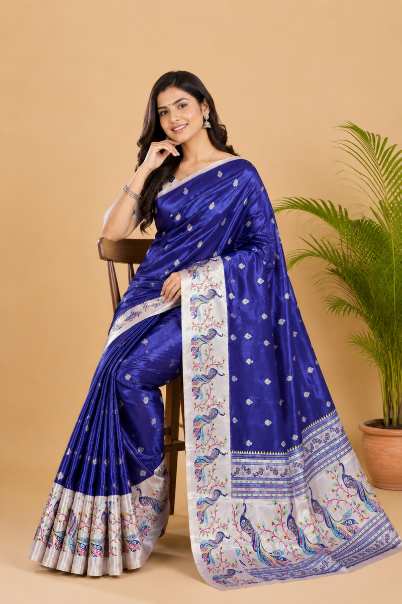 Royal Blue Paithani Print Satin Saree