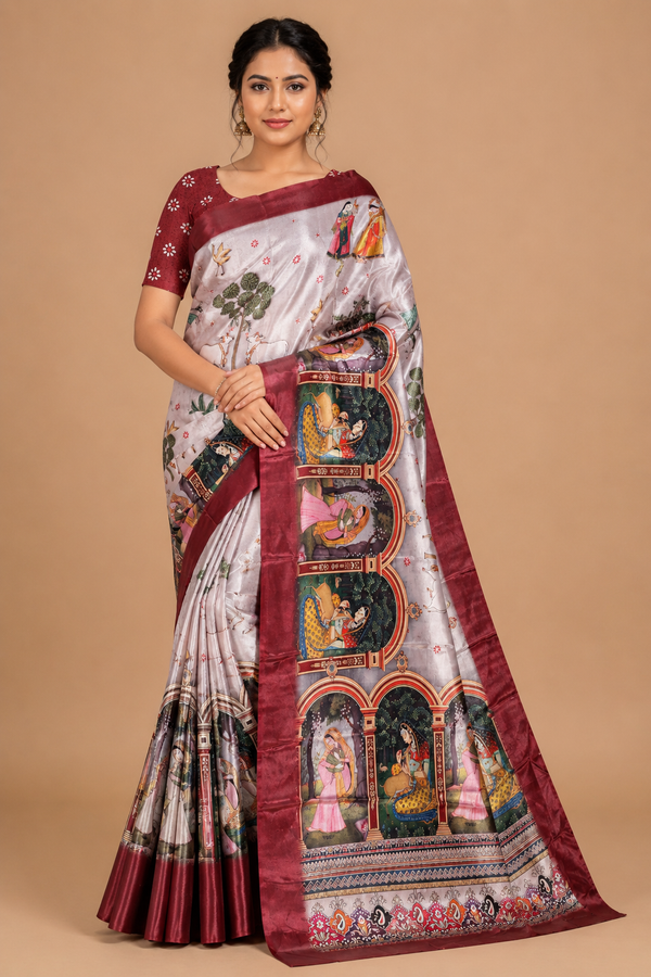 Ivory Maroon Palace Story Silk Saree