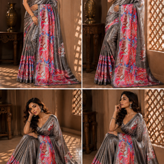 Grey Elephant Print Satin Blend Party Wear Saree