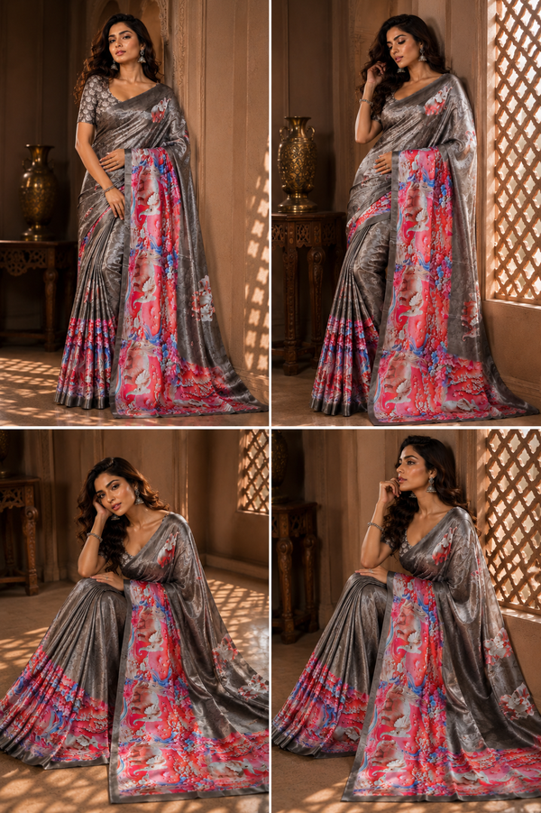 Grey Elephant Print Satin Blend Party Wear Saree