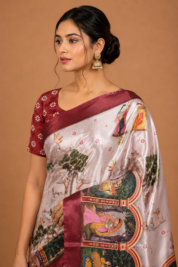 Ivory Maroon Palace Story Silk Saree
