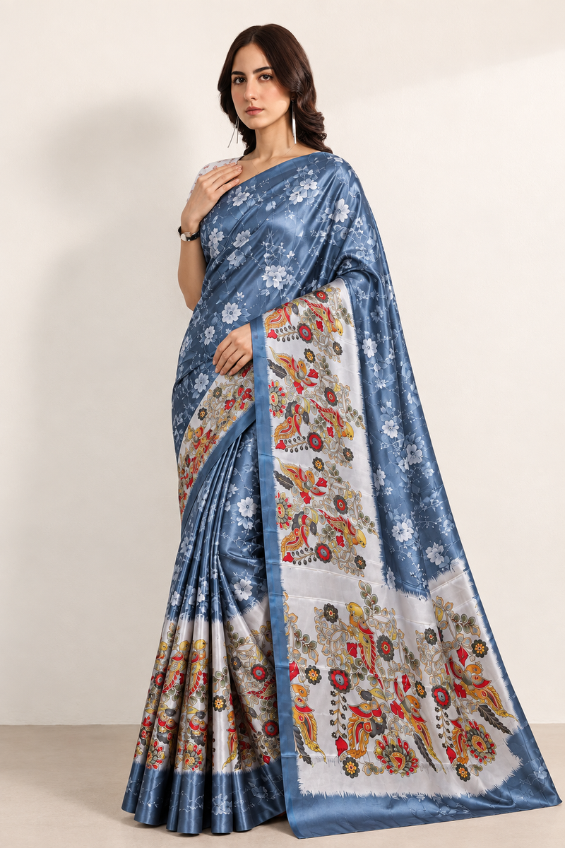 Steel Blue Paithani Print Satin Saree