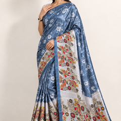 Steel Blue Paithani Print Satin Saree
