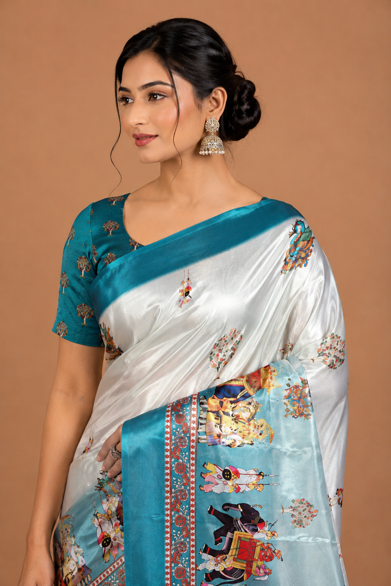 Pearl White Turquoise Folk Art Silk Saree