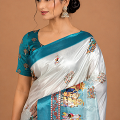 Pearl White Turquoise Folk Art Silk Saree