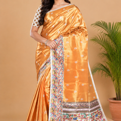 Golden Paithani Print Satin Saree