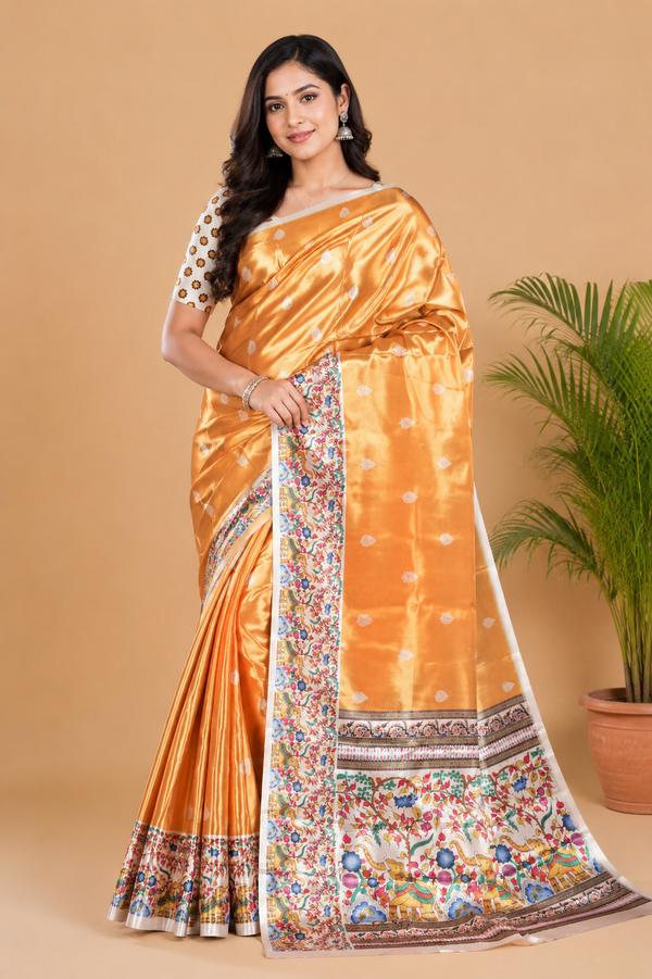 Golden Paithani Print Satin Saree