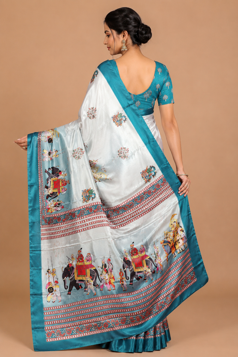 Pearl White Turquoise Folk Art Silk Saree