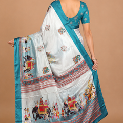 Pearl White Turquoise Folk Art Silk Saree